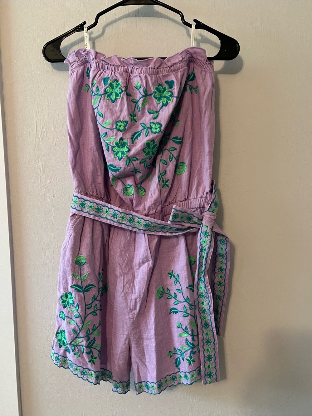 Lilly Pulitzer Lilac Strapless Romper with Green Floral Embroidery
